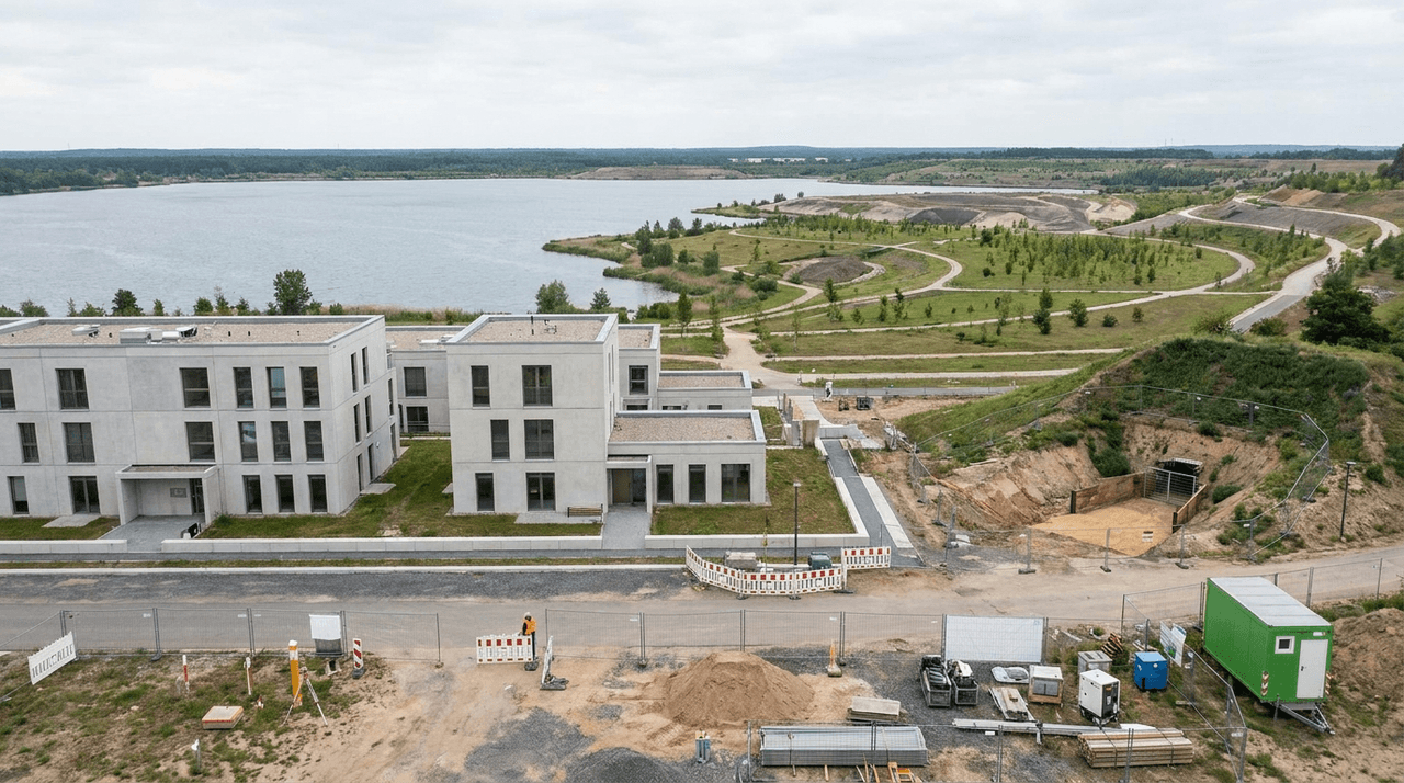 IBA-Terrassen am Großräschener See mit Gelände des geplanten Besucherstollens