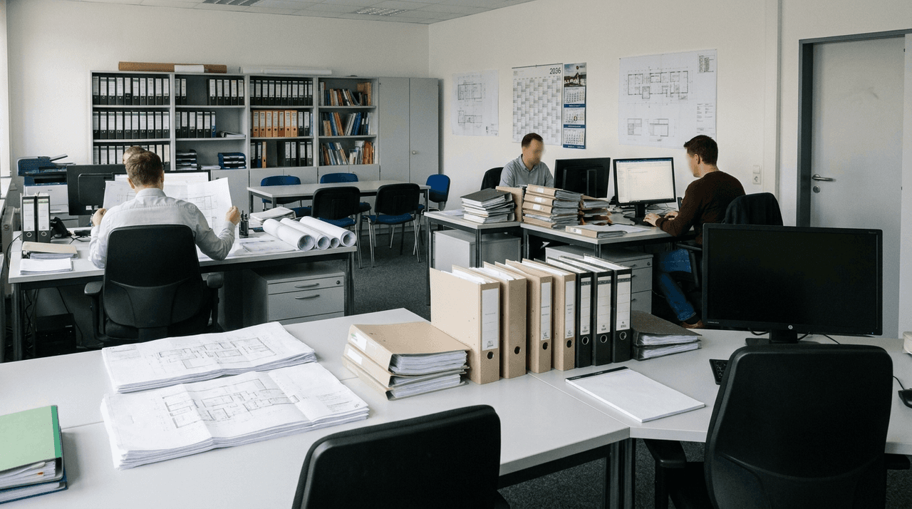 Leere Arbeitsplätze, Baupläne und Förderunterlagen in einem kommunalen Bauamt als Symbol für den Fachkräftemangel in ostdeutschen Rathäusern.