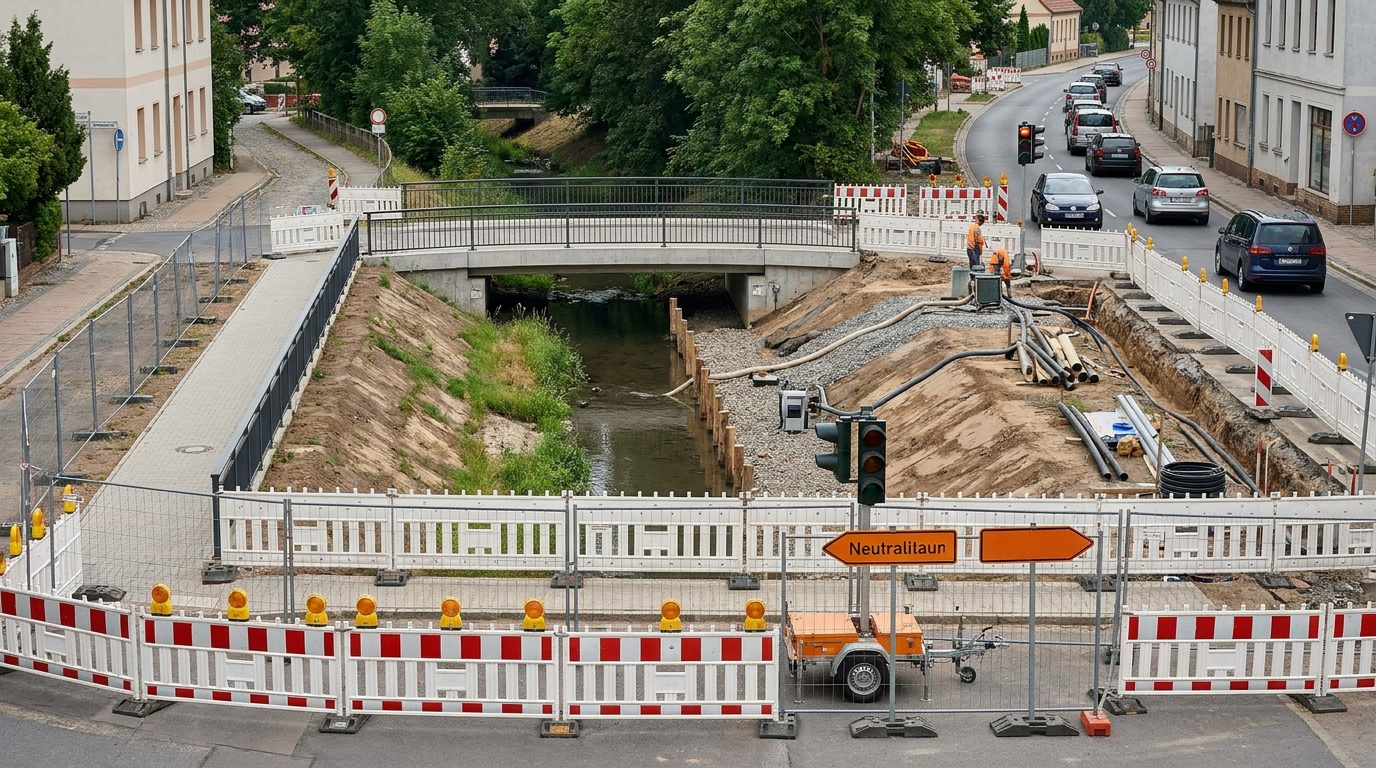 Absperrbaken, Baustellenampel und Bauarbeiten an der gesperrten Schillerbrücke sowie an einem Straßenabschnitt in Delitzsch.