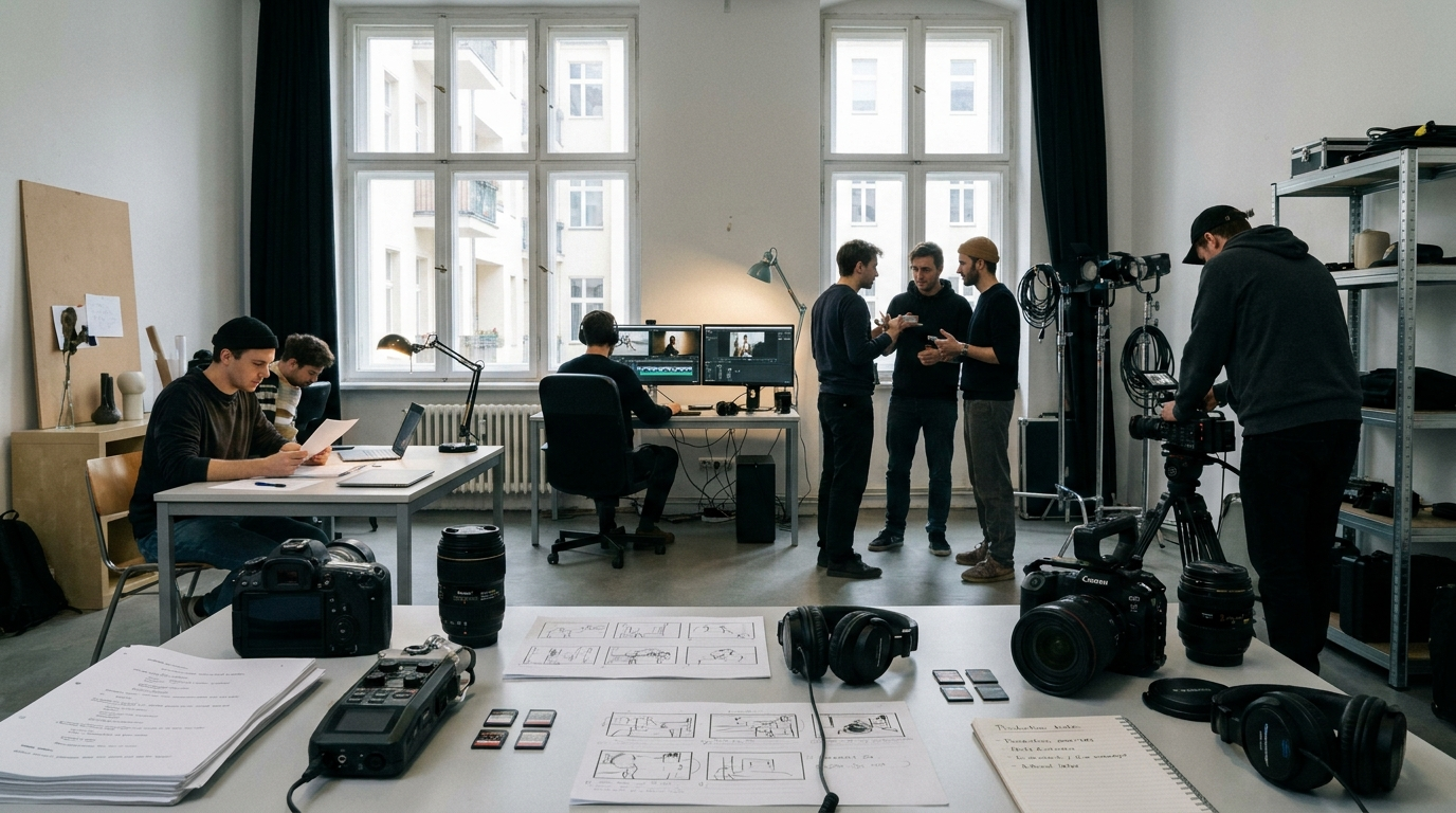 Arbeitsplatz für eine Filmproduktion mit Kamera, Drehbuchseiten, Schnitttechnik und neutralen Produktionsunterlagen.
