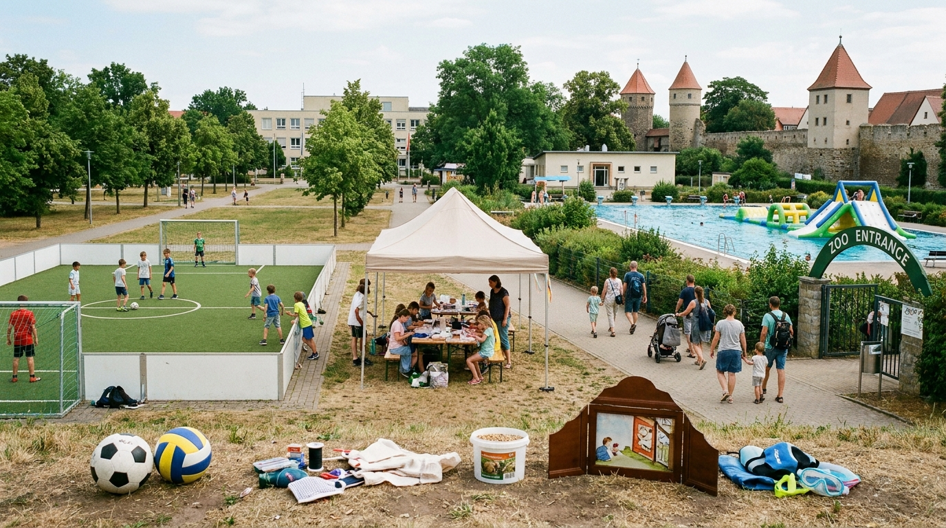 Kinder und Familien nehmen an verschiedenen Sommerferienangeboten in Delitzsch teil, darunter Sport, kreative Aktivitäten, Tiergartenbesuche und Wasserspaß.