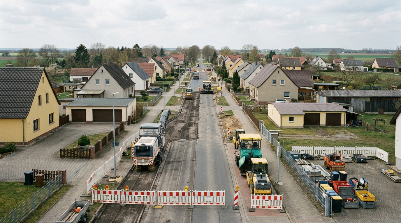 Vorbereitete Straßenbaustelle auf der Landesstraße 136 in der Ortsdurchfahrt Thurland.