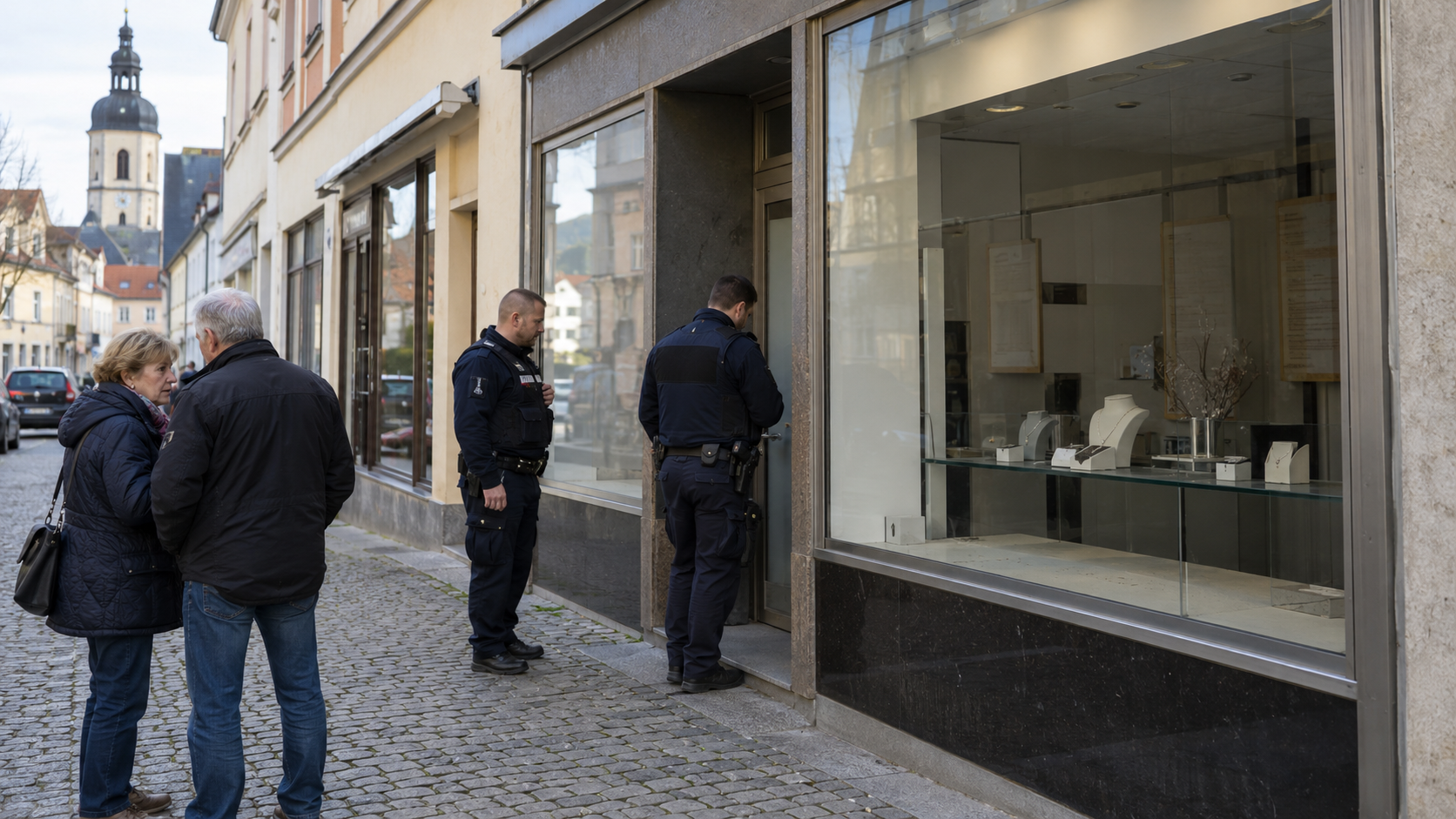 Zwei Polizeibeamte stehen vor einem offenbar verlassenen Schmuckgeschäft, während sich Passanten auf dem Gehweg unterhalten. Das Bild illustriert die Ermittlungen zu einem mutmaßlichen Goldbetrug in Limbach-Oberfrohna, bei dem ein Schaden von knapp 500.000 Euro entstanden sein soll.