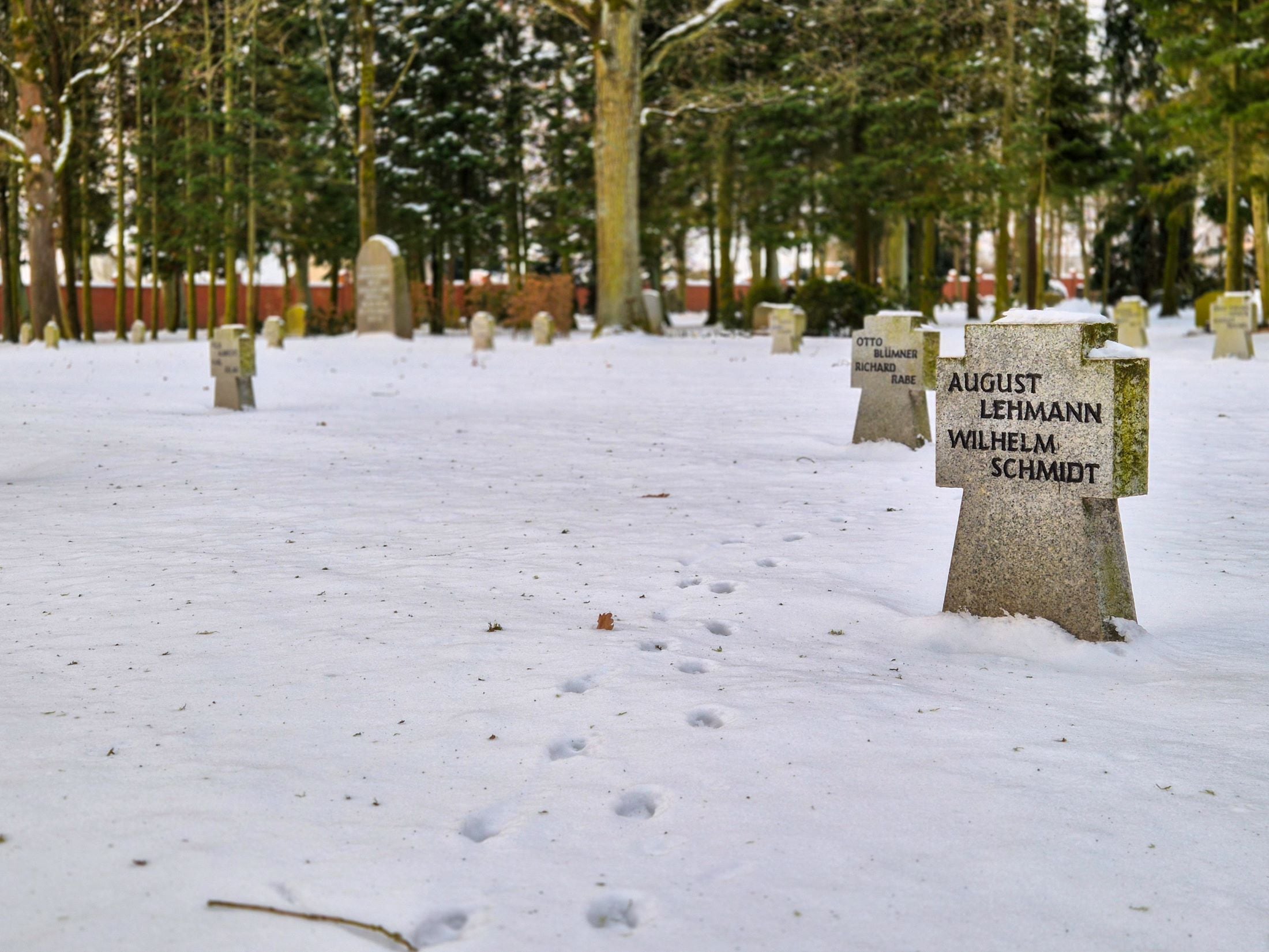 Blick auf den Pritzwalker Friedhof mit mehreren Grabstätten und Grabsteinen. Der Friedhof ist ein Ort des stillen Gedenkens und der Erinnerung an Verstorbene.