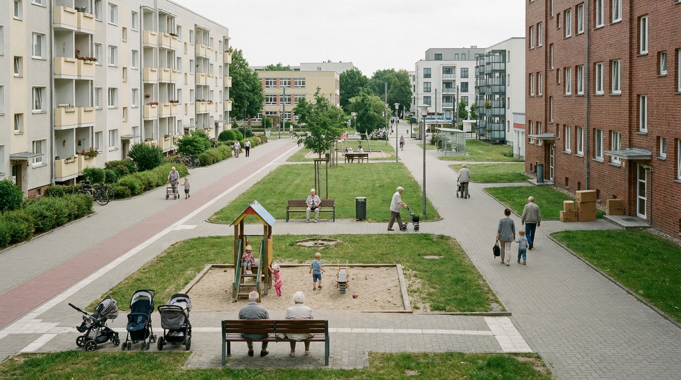 Städtisches Wohngebiet in Rostock mit Spielplatz, Wohnhäusern und barrierefreien Wegen als Symbol für die sich verändernde Altersstruktur.