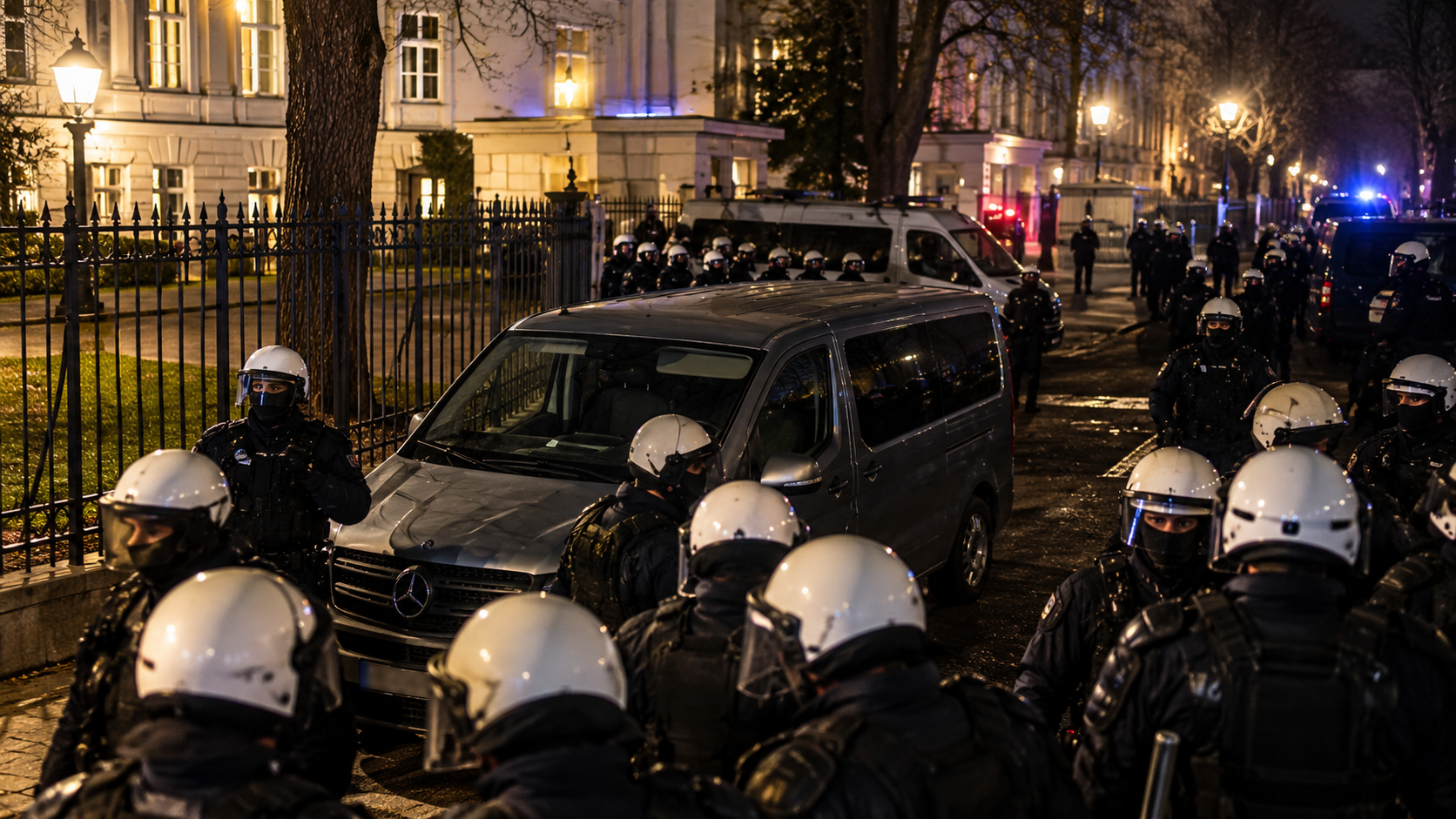 Schwer ausgerüstete Polizeikräfte sichern in der Nacht das Gelände eines Regierungsgebäudes. Das Bild illustriert den eskalierten Machtkampf um das polnische Verfassungsgericht in Warschau. Die Opposition wirft Ministerpräsident Donald Tusk vor, die Kontrolle über das Gericht übernehmen zu wollen.