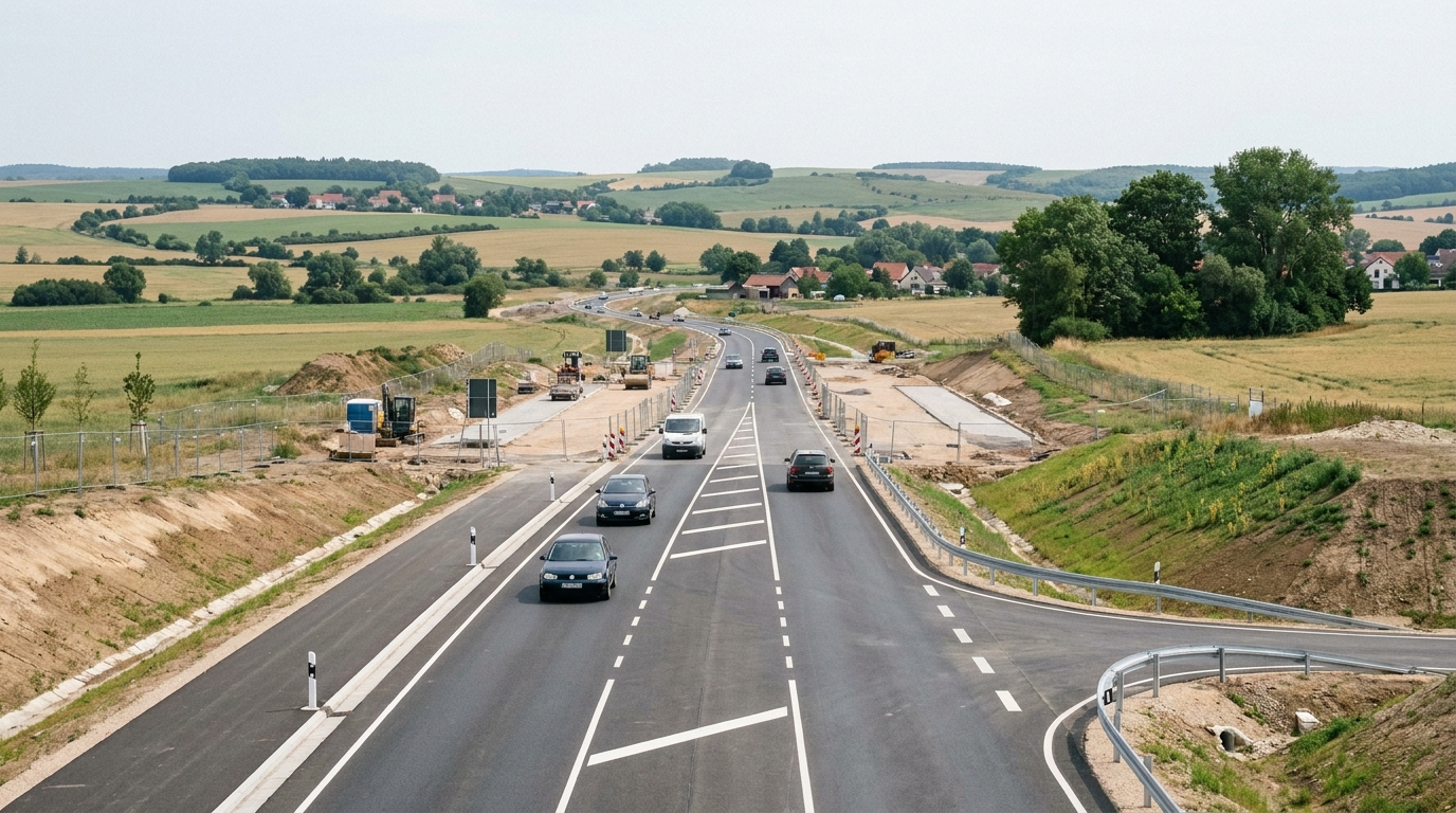 Neuer Abschnitt der künftigen Ortsumgehung Bad Kösen bei Taugwitz mit frischer Fahrbahn und laufenden Bauarbeiten.