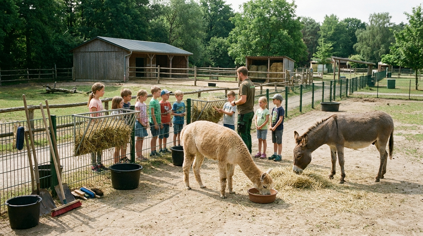 Kinder beobachten bei einer Führung im Tiergarten Delitzsch die Fütterung von Alpakas und Eseln.