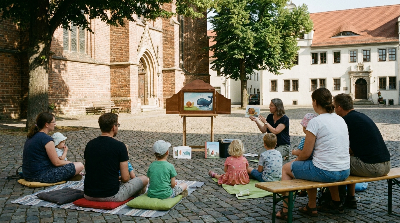 Familien verfolgen ein Bilderbuchkino mit Kamishibai-Theater auf dem Platz zwischen der Stadtbibliothek und der Stadtkirche Delitzsch.