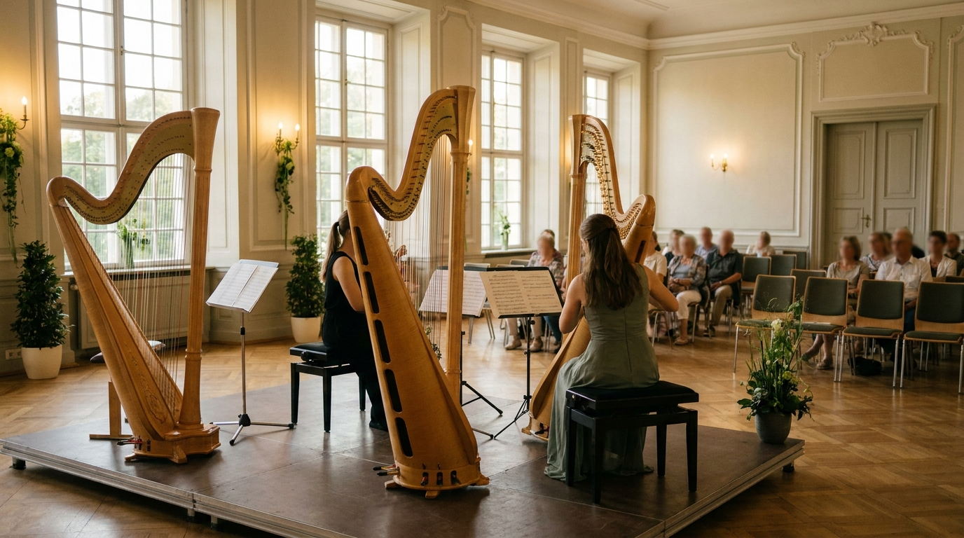 Zwei Konzertharfen stehen für das Programm „Rhapsody in Green“ in einem historischen Saal des Barockschlosses Delitzsch bereit.