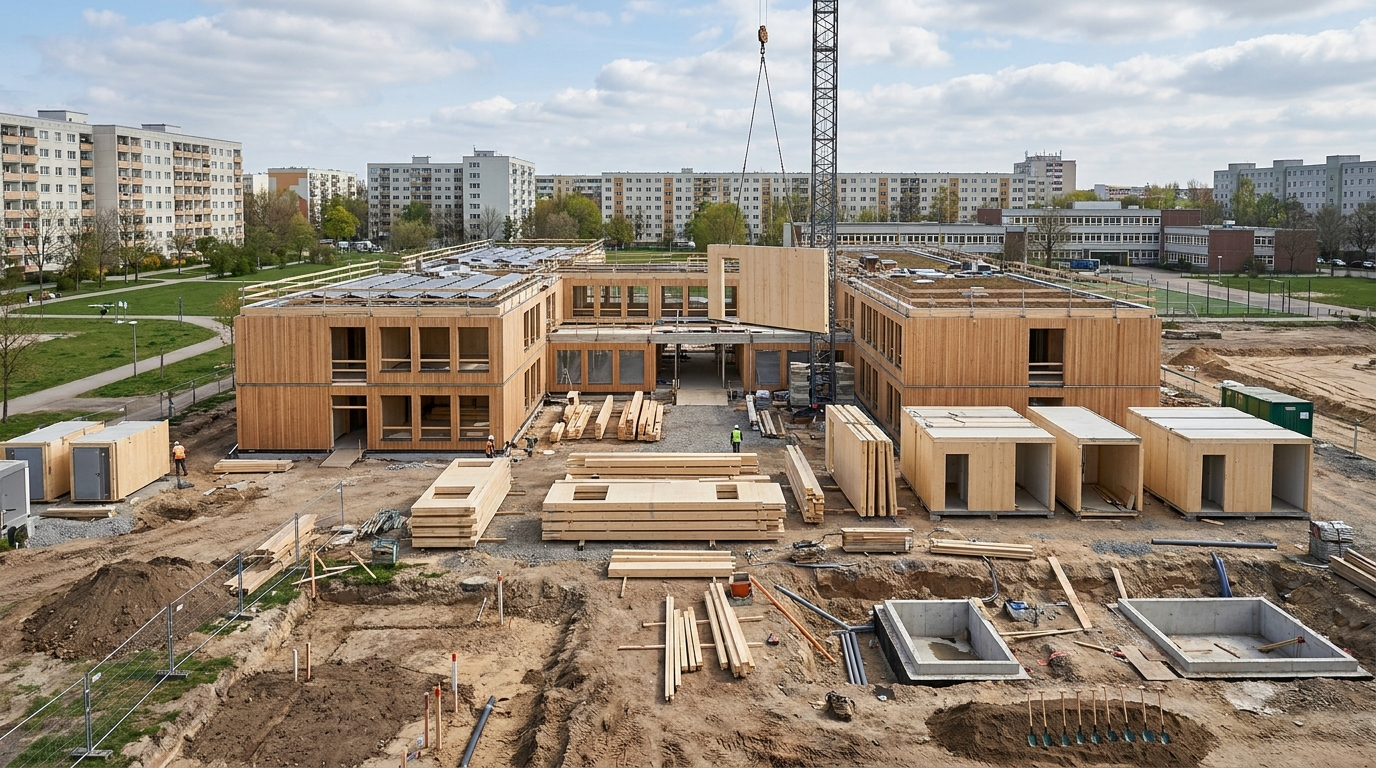 Baustelle der neuen Holz-Compartmentschule am Auerbacher Ring in Berlin-Hellersdorf mit vorbereiteten Fundamenten, Holzelementen und Baukran.